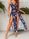 Womens Floral Cami nightgown Slim Lace Trim Deep V Neck Side High Slit Spaghetti Strap Pajama Dress for Bedroom Party