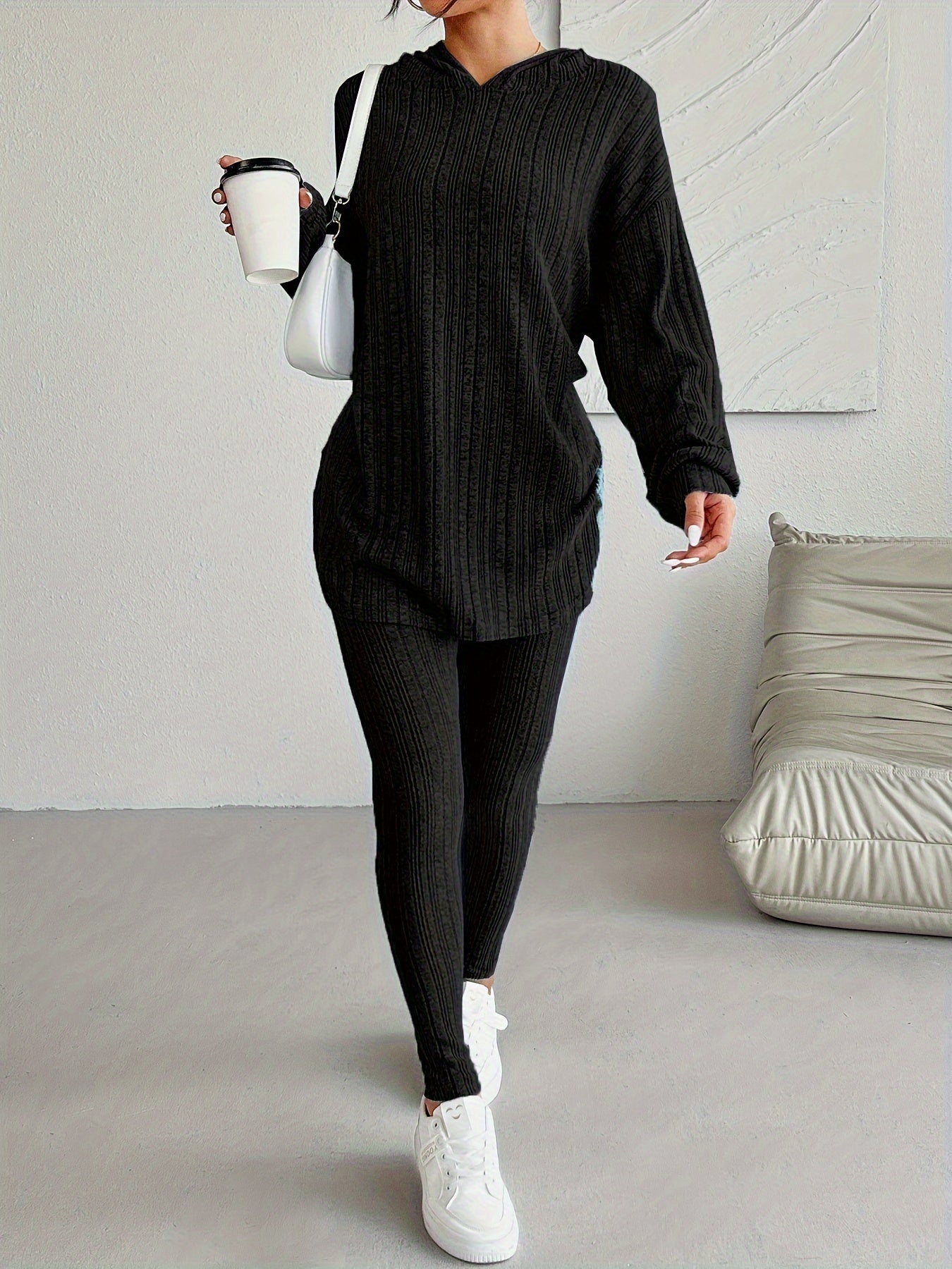 two-piece Ribbed Long Sleeve Hooded Top & Skinny Pants Set for Women, Casual Lounge Outfit