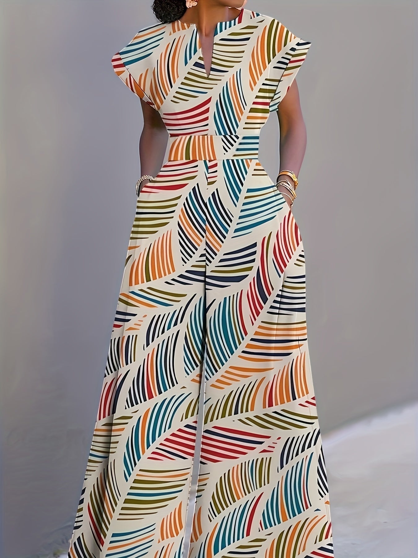 Vibrant Tropical Leaf Print Women'S Jumpsuit - Casual V-Neck, Sleeveless Romper with Matching Overalls, Colorful Abstract Design, Perfect for All Seasons, Allseason Jumpsuit|Vneck Romper|Colorful Abstract Print