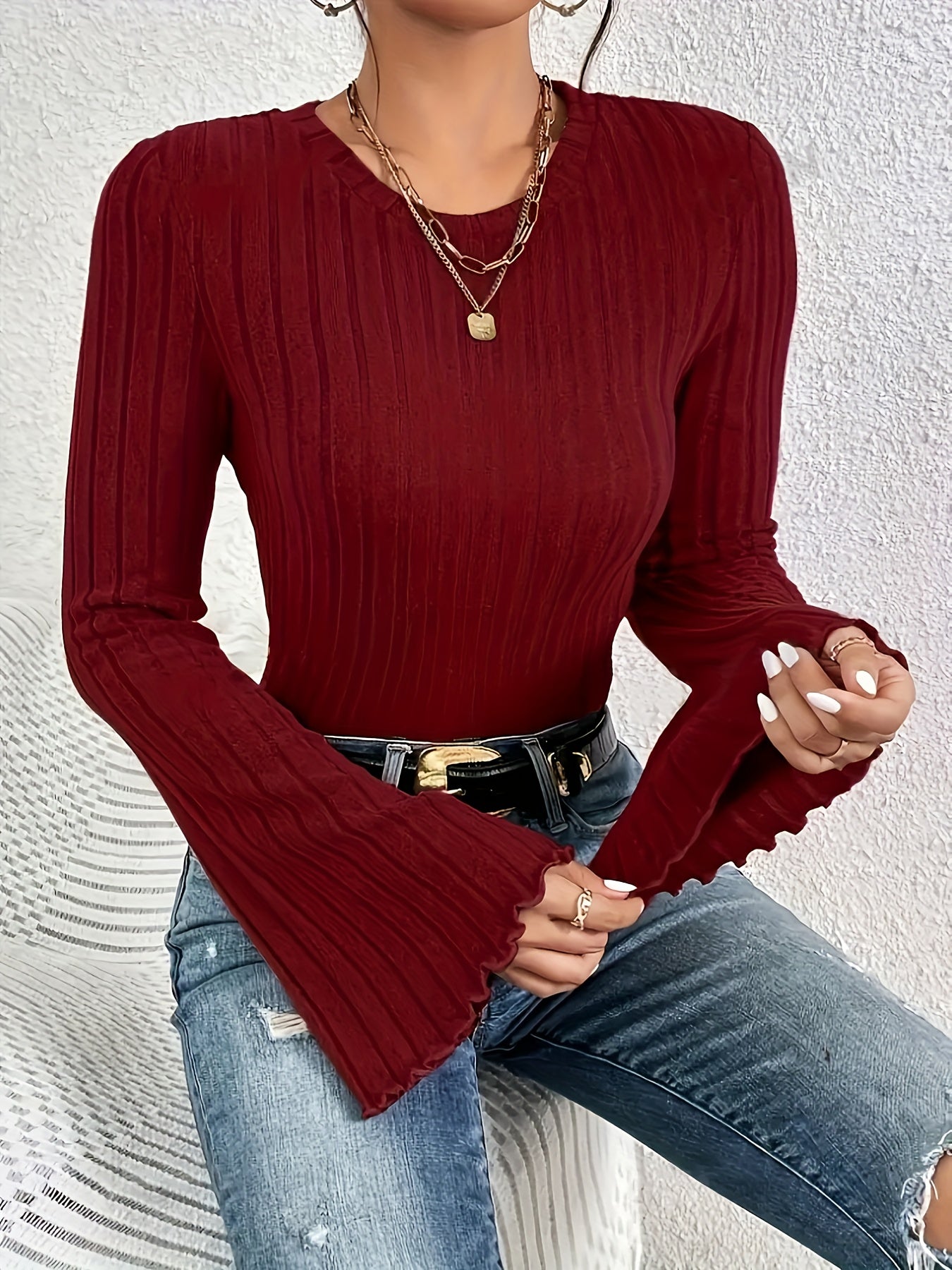 1pc Elegant Polyester Trumpet Sleeve Top for Women - Solid Color Crew Neck Knit Fabric Blouse for Fall/Winter Season