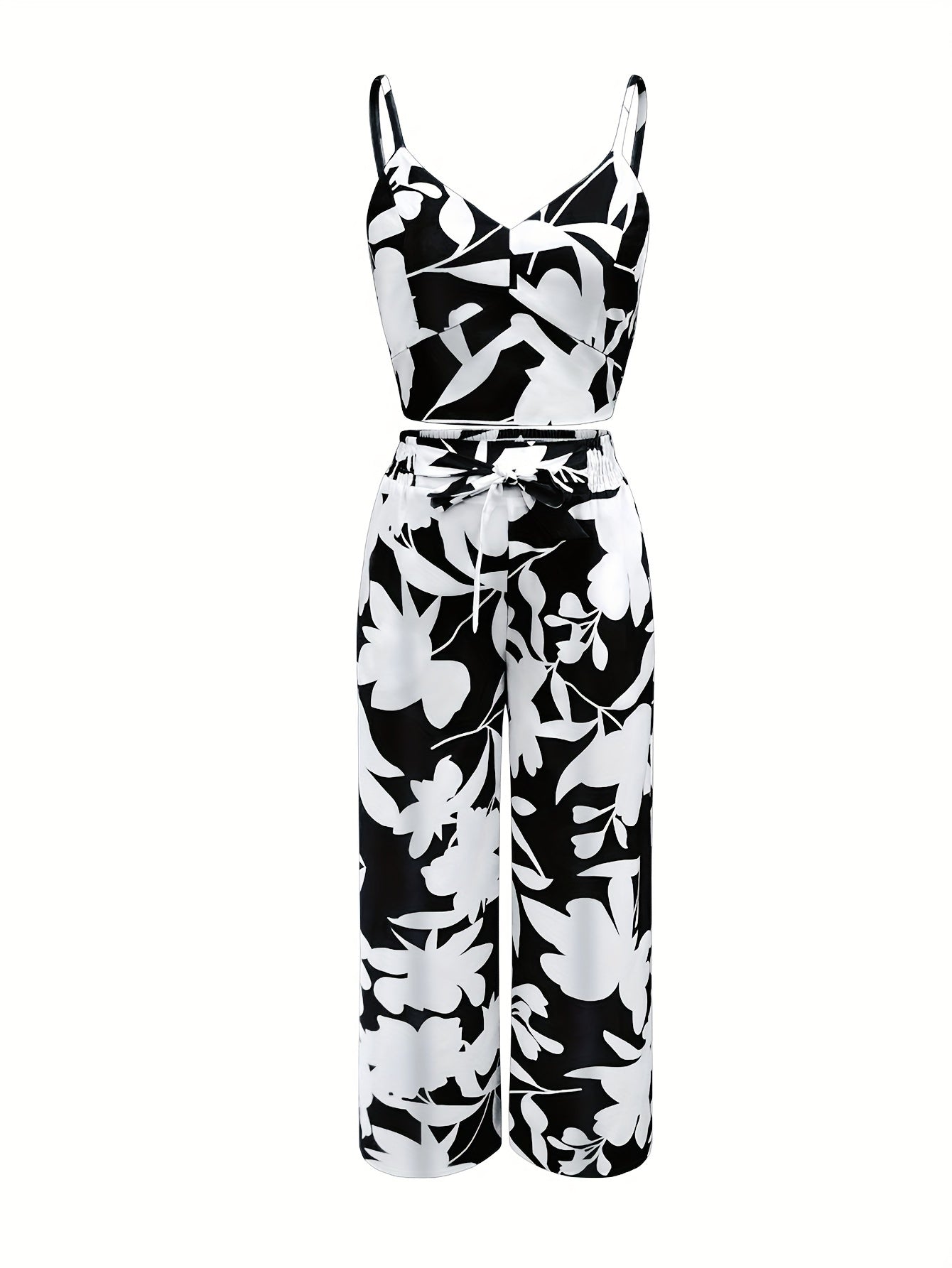 V Neck Backless Crop Cami Top & High Waist Wide Leg Tie Pants Leaf Print Casual Pantsuits, Women's Clothing