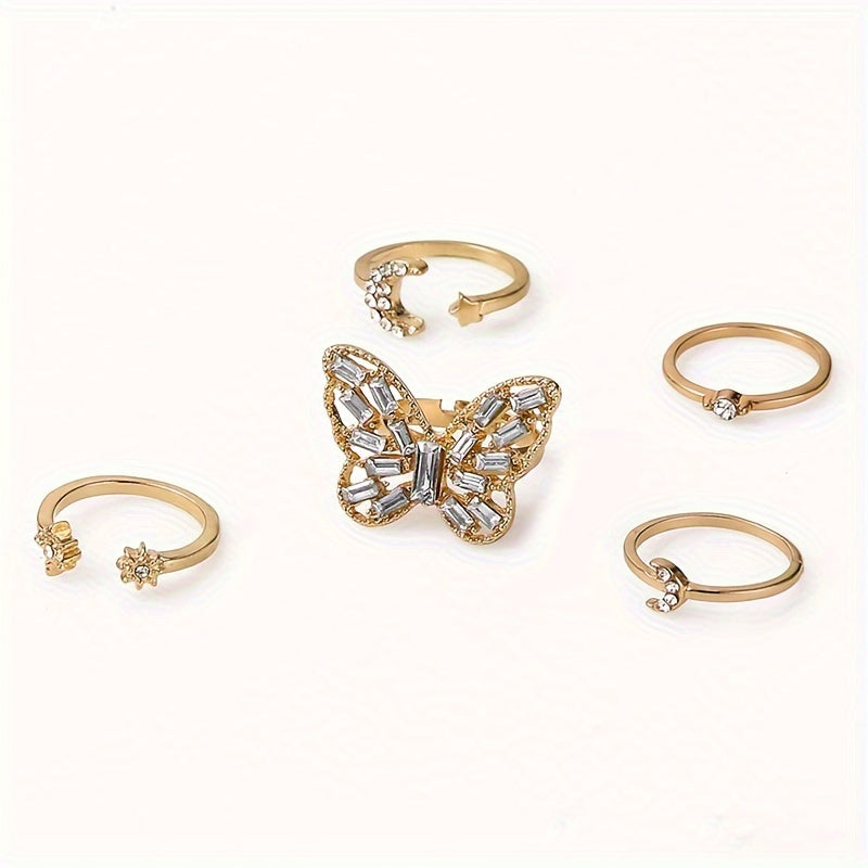 Set of 5 Stylish And Unique Women's Rings Featuring Creative Vintage Golden Butterfly Designs with Embedded Rhinestones And Geometric Open Joint Rings.