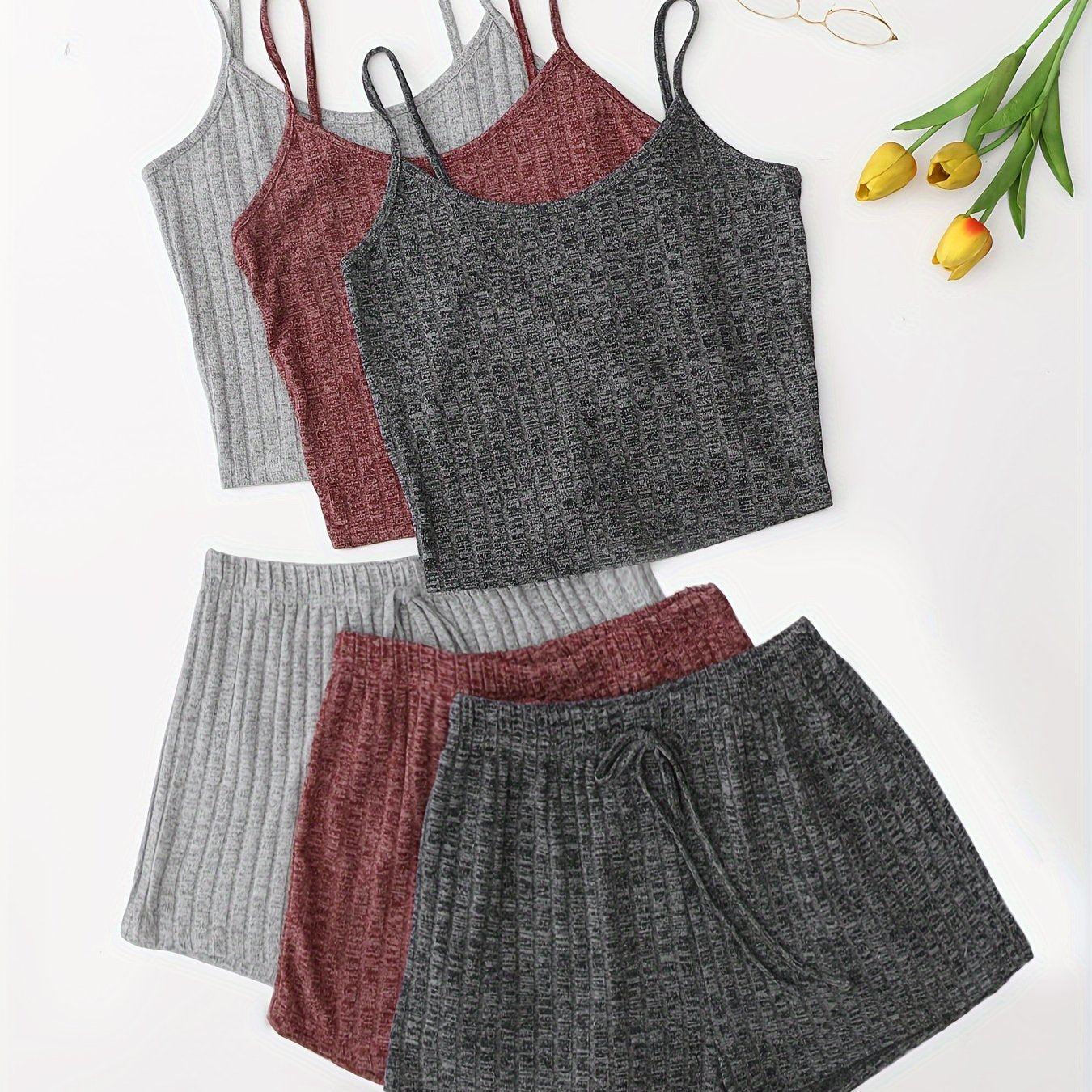 3 Sets Solid Pajama Set, Round Neck Cami Top & Lace-up Shorts, Women's Sleepwear & Loungewear