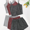 3 Sets Solid Pajama Set, Round Neck Cami Top & Lace-up Shorts, Women's Sleepwear & Loungewear