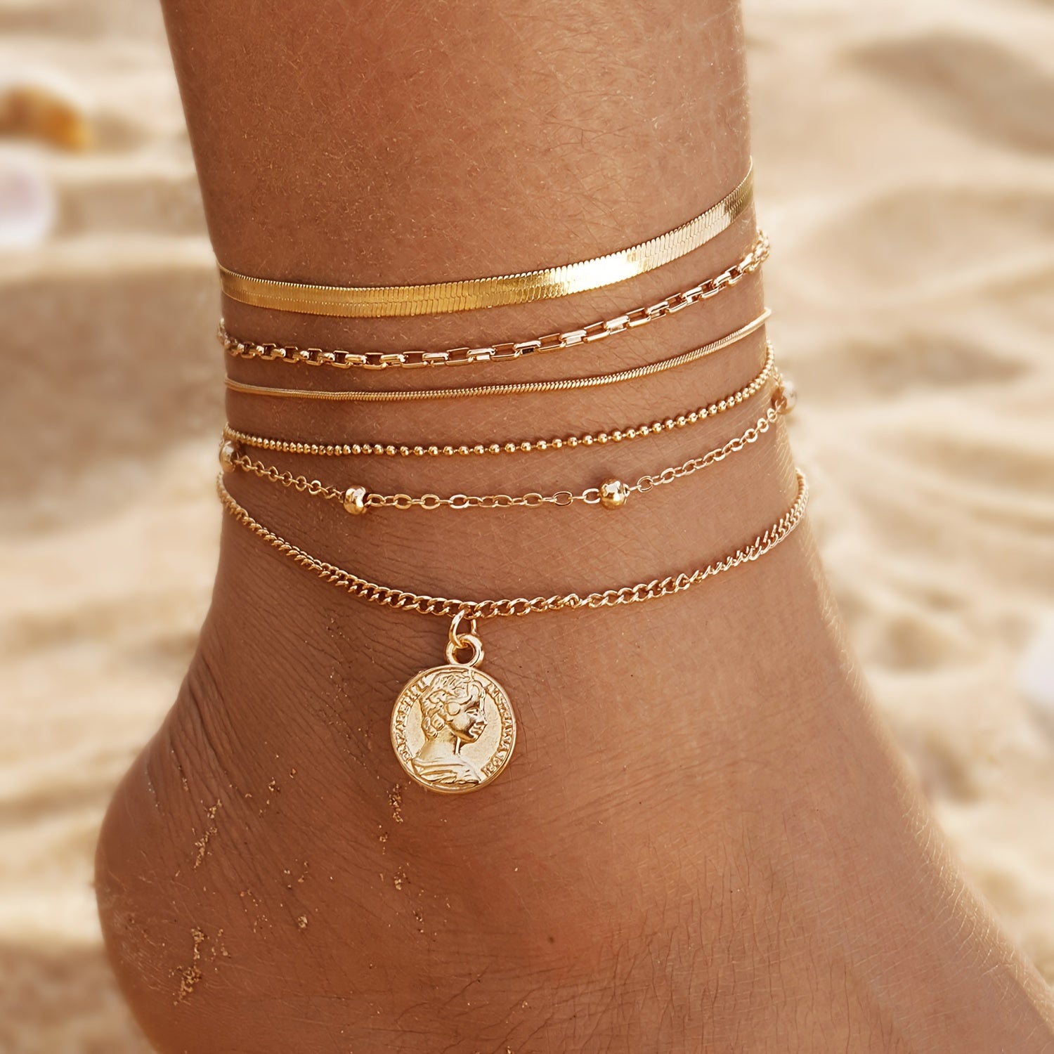 38pcs Bohemian Retro Anklets, Mixed Layered Chain With Star And Heart Pendants, Vintage Cuban Link Beach Vacation Jewelry, Multi-Layered Stackable Foot Chains For Women