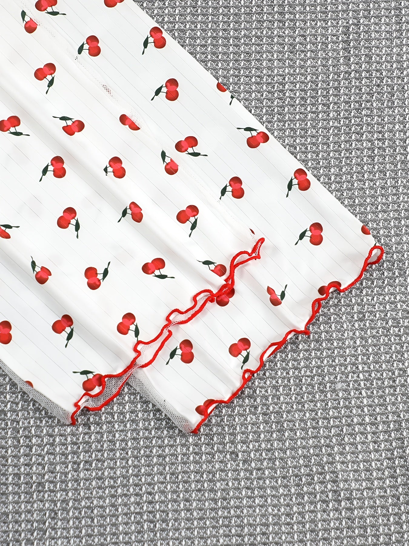 [Cherry Print Knit Pullover Pajama] Women'S Elegant Cherry Print Pajama Set, Sexy Spaghetti Strap Backless Long Pants, Knit Fabric Pullovers with Contrast Mesh, Polyester 95% Elastane 5%, Spring/Summer/Fall Sleepwear