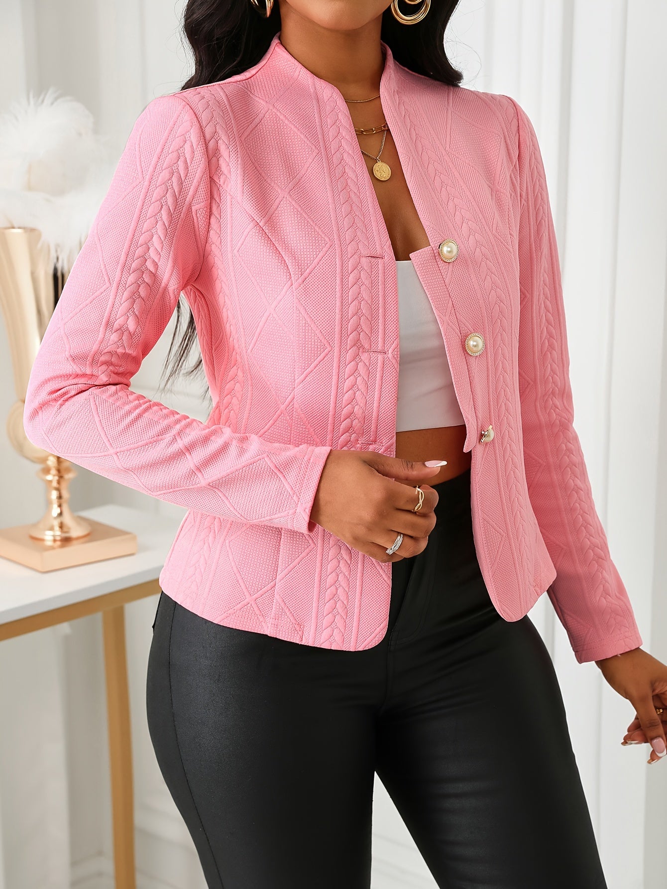 Elegant Pink Textured Polyester Blazer for Women - Single Button Design, Long Regular Sleeves, Knit Fabric, Lightweight - For All Seasons - Perfect for Work, Parties & Casual Wear - Ideal Gift for Women