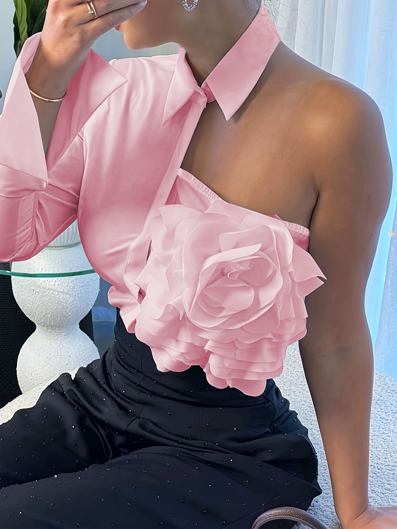 Women's Sexy Off-Shoulder Ruffled Blouse - Semi-Sheer Solid Color Top with Floral Accents, Machine Washable Spring/Summer Shirt for Casual & Formal Outfits