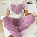 Women's Heart & Letter Print Ribbed Casual Pajama Set, Short Sleeve Round Neck Top & Joggers, Comfortable Relaxed Fit, Summer Nightwear