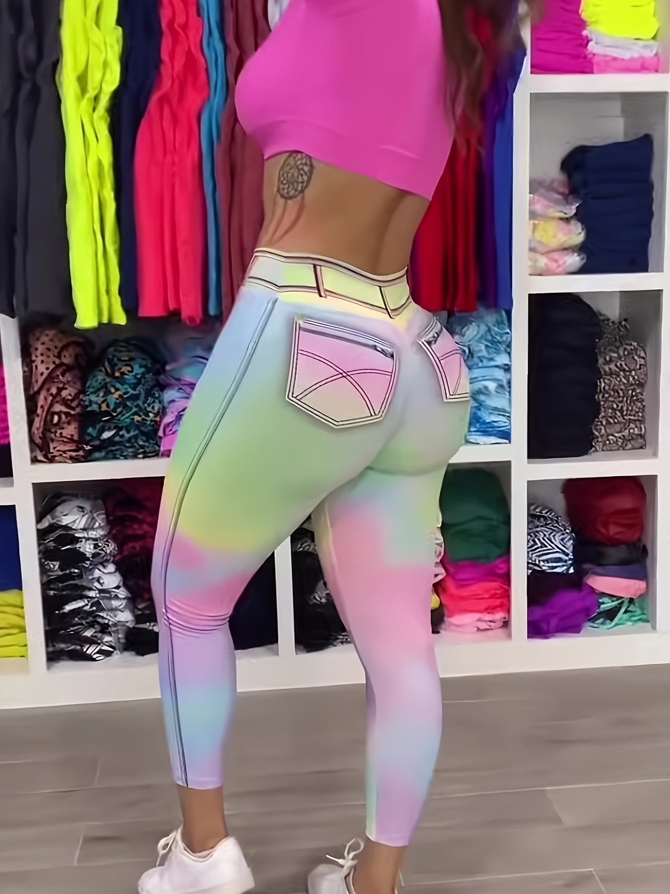 Tie Dye Colorful Women'S Imitation Denim Leggings Sexy Sports Yoga Pants