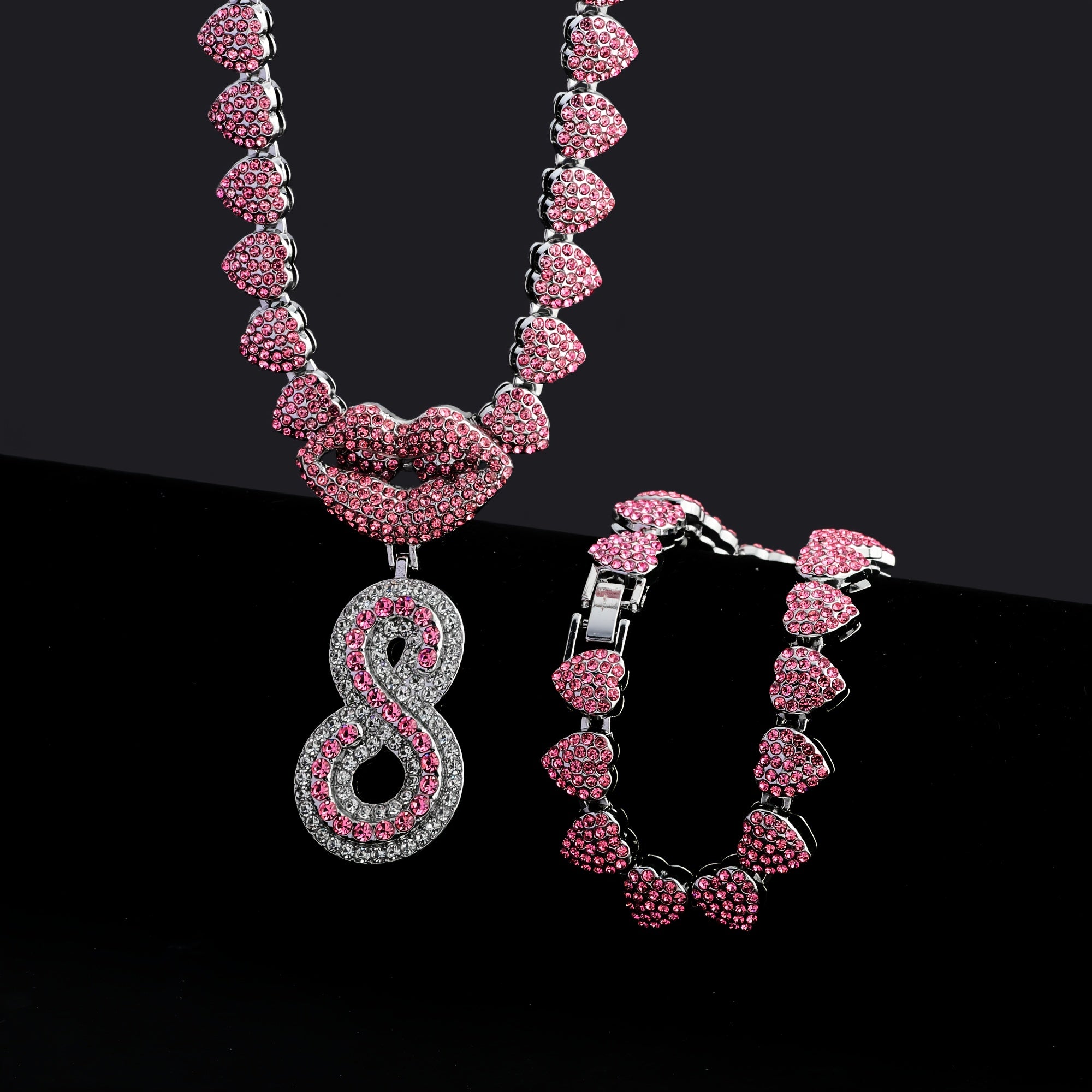 Hip Hop Y2K Style Pink Sexy Lips Pendant Necklace and Bracelet Set, A-Z Initials, Rhinestone Inlay, Zinc Alloy, Perfect for Daily Wear or Parties, Ideal Valentine's Day Gift for Men and Women, Hip Hop Jewelry
