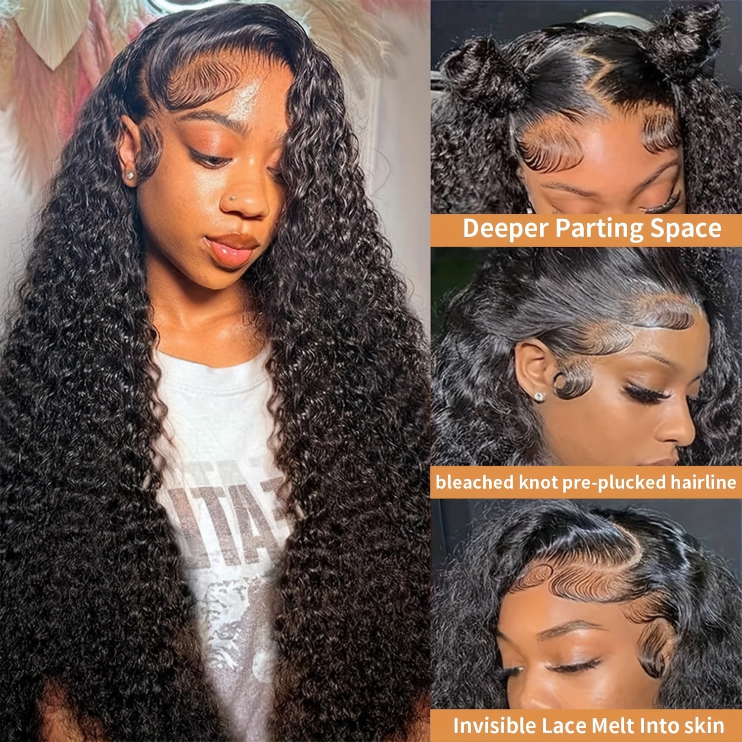 180% Density Deep Wave Lace Front Wig - 13x6 HD Transparent Lace Frontal Wig with Pre-Plucked Baby Hair, Natural Color, Glueless Human Hair Wig for Women, Elegant Deep Curly Style, Suitable for All Light Beige Tones, Everyday