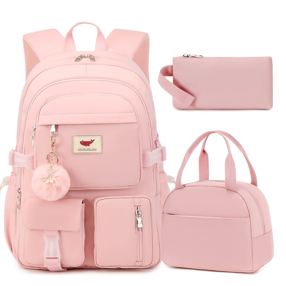 HIDDS Preppy Style 3pcs Backpack Set with Lunch & Pen Case, Nylon Urban Theme Women'S Travel College Backpack, Adjustable Straps, Zipper Closure, Solid Black - Fits 15.6" Laptop