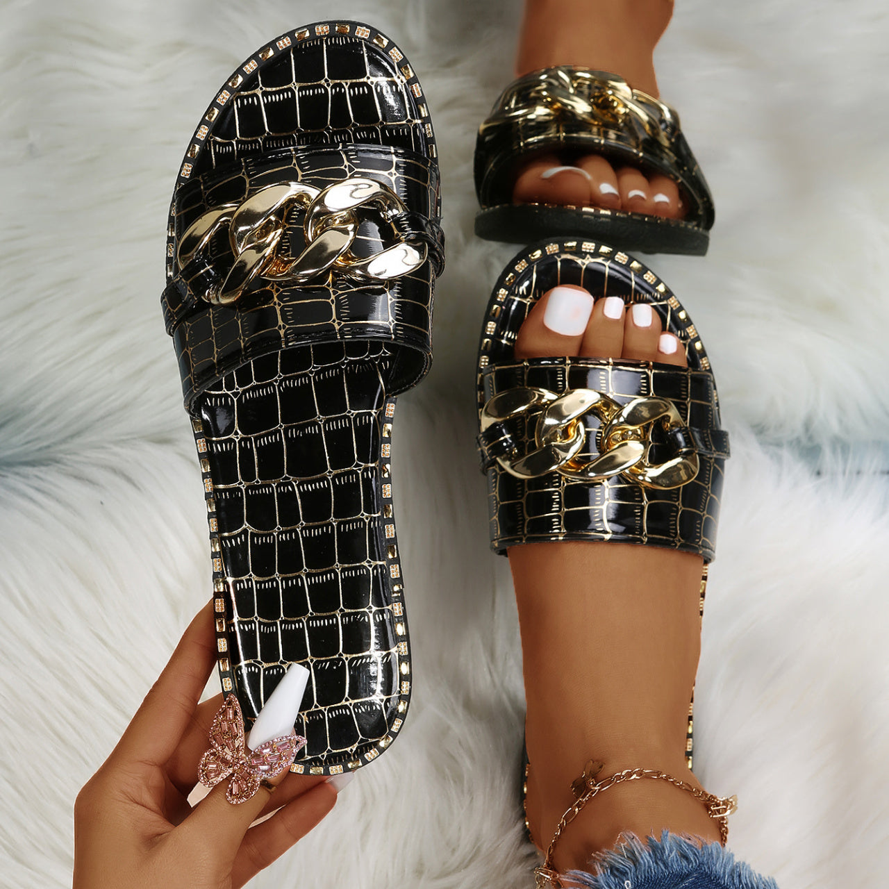 Women's Metal Chain Decor Flat Slippers, Fashion Open Toe Non Slip Slides Shoes, Casual Outdoor Slippers