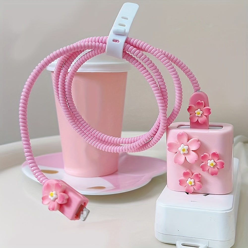 5pcs 3D Pink Floral TPU Charging Cable Saver Protector for iPhone 13/14 Pro Max 20W Chargers - Durable Cable Protector Sleeve Set for Apple Devices