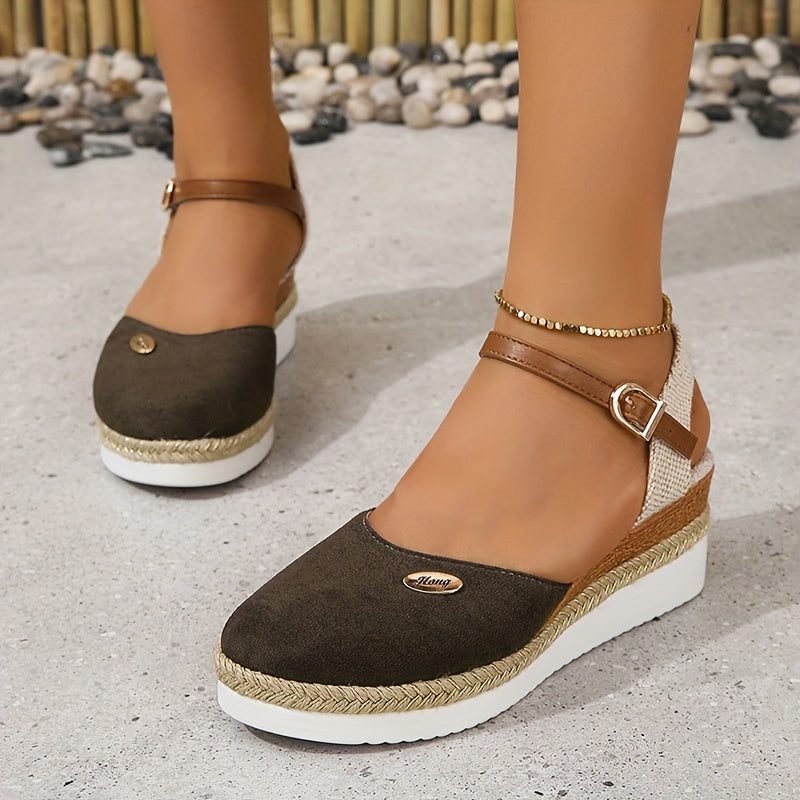[Colorblock Platform Sandals Women's] Women's Colorblock Platform Sandals, Ankle Buckle Strap Comfy Slingback Shoes, Versatile Closed Toe Wedge Shoes