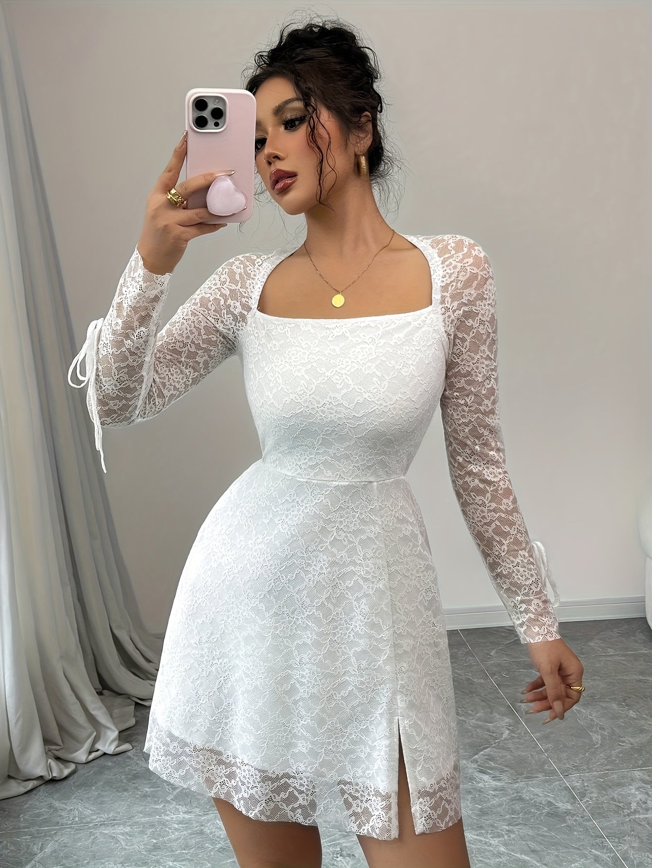Elegant White Lace A-Line Dress with Long Sleeves - Perfect for Weddings, Parties, and Formal Events, Formal Attire|Elegant Aline Dress|Lace Fabric
