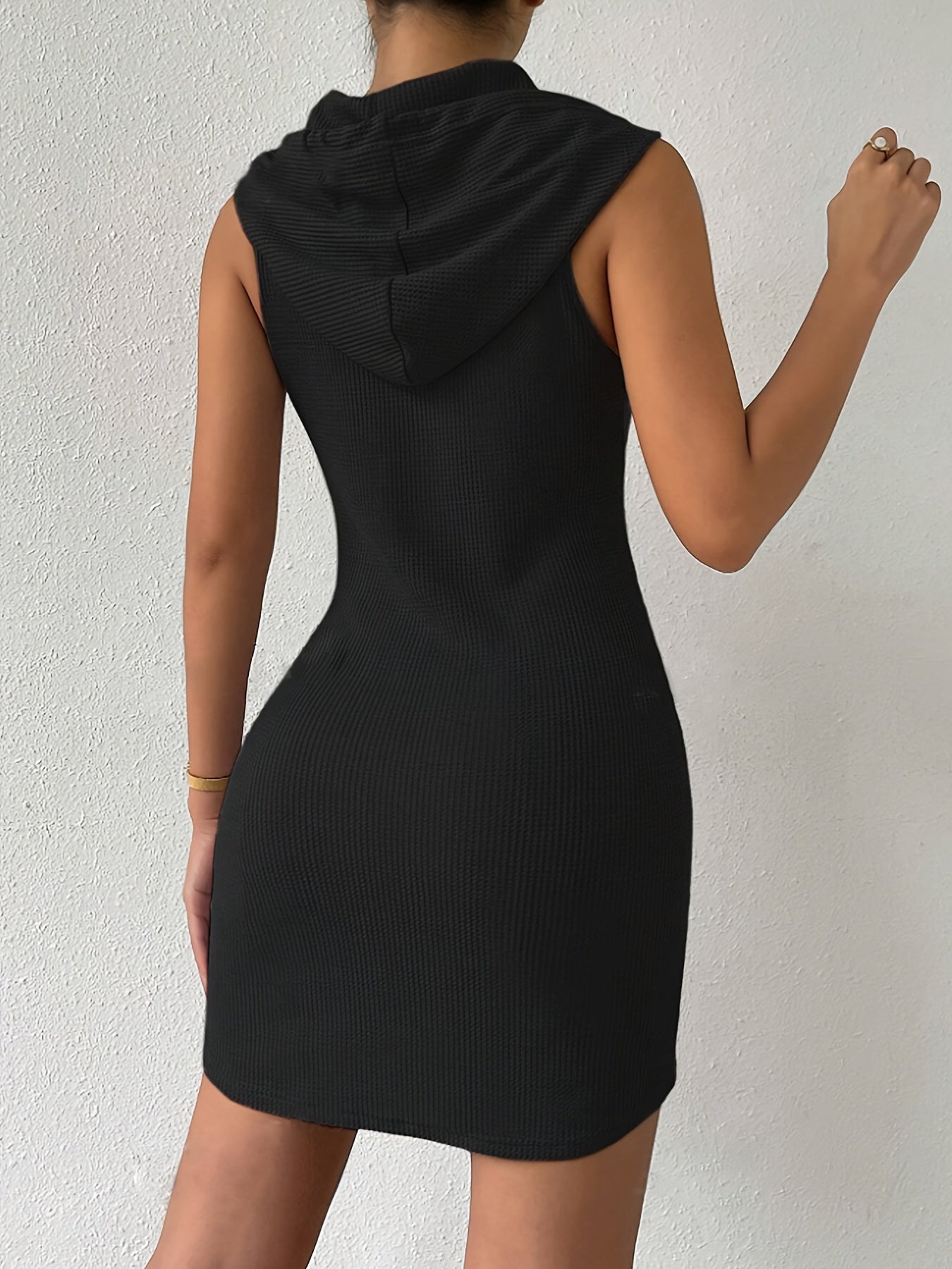 Chic Solid Color Waffle Knit Hooded Dress - Versatile Drawstring Tank Style for Spring & Summer - Soft Comfort, Casual Elegance - Womens Everyday Fashion