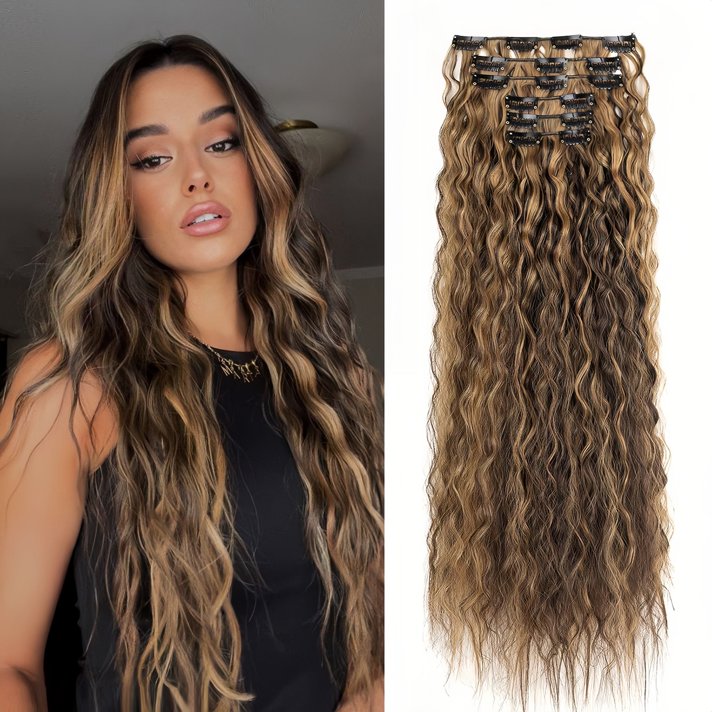 16 Thick Black Hair Clips for Synthetic Curls, Completely Soft And Invisible Fiber Hair Extensions, 24 Inches Long.
