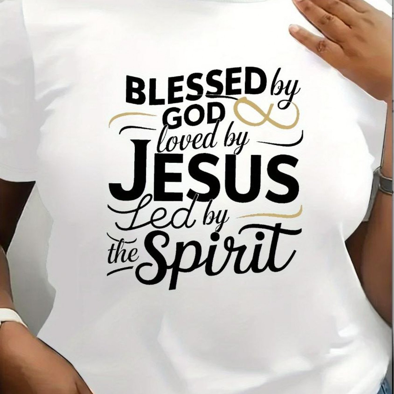 Plus Size Women's T-Shirt - Comfort Fit, Short Sleeve, Round Neck with Inspirational "Blessed by God" Print in Black & Golden - Machine Washable, Smooth Fabric, All-Season Casual Wear, Everyday Clothing | Round Neck Tee | Pur