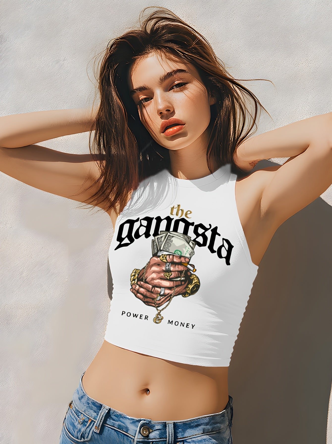 Women'S "The Gangsta" Graphic Crop Top Tank Top - Sleeveless, Light Blue with Money & Handshake Design, Casual Summer Tee for Adults, Casual Attire | Playful Print | Polyester Blen