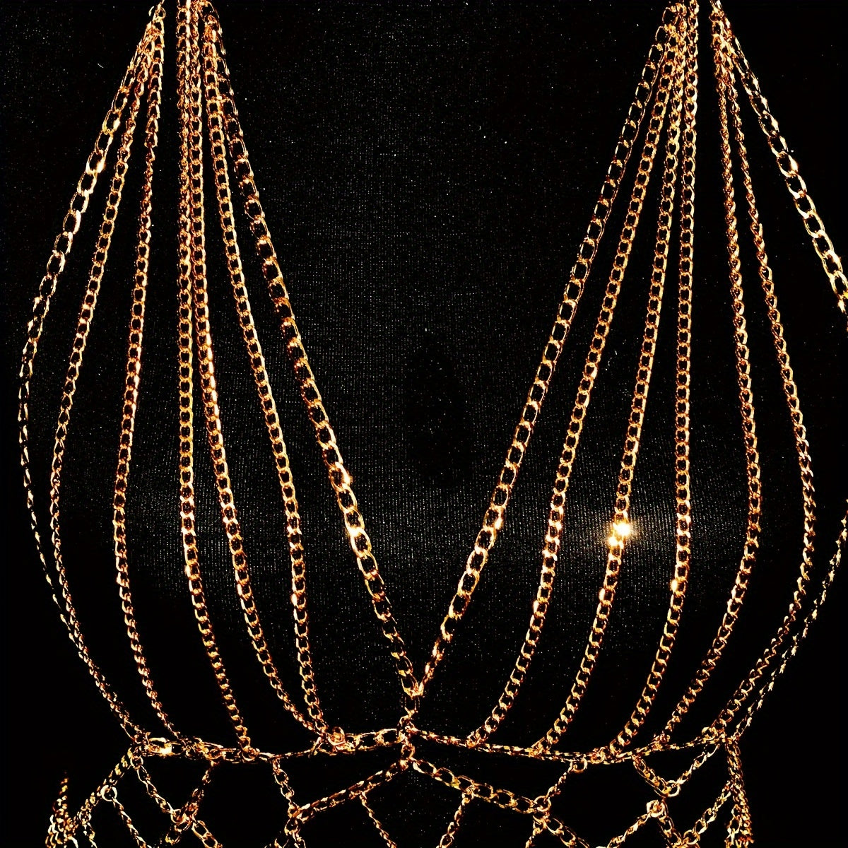Elegant Golden-Tone Fringe Body Chain with Sparkling Bra Detail - Sexy Aluminum Alloy Party & Festival Accessory, Perfect for Nightclubs and Streetwear Fashion
