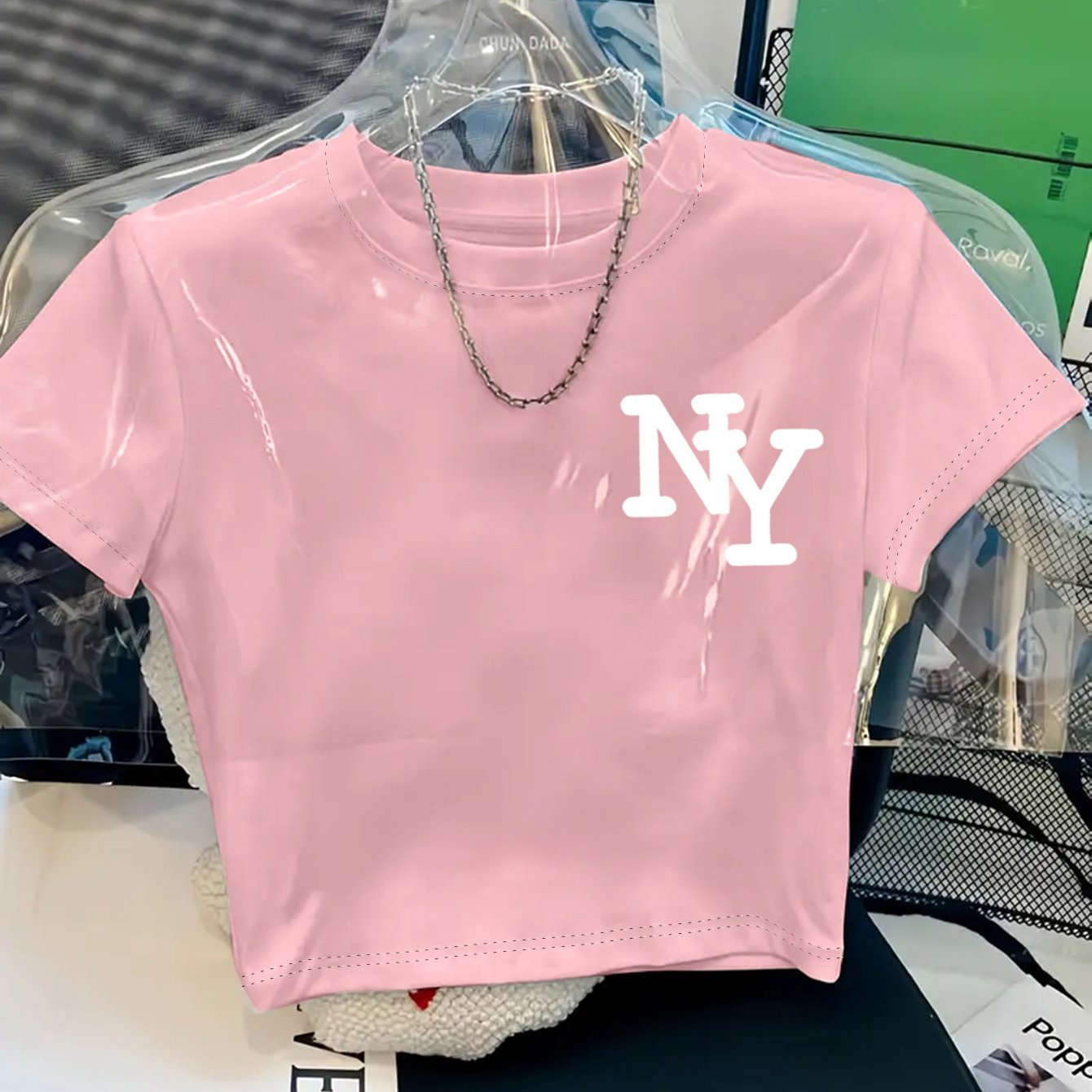 Women's Y2K Style NY Monogram Graphic T-Shirt - Soft Stretchy Polyester Blend, Oversized Cropped Fit, Machine Washable Spring/Summer Casual Top