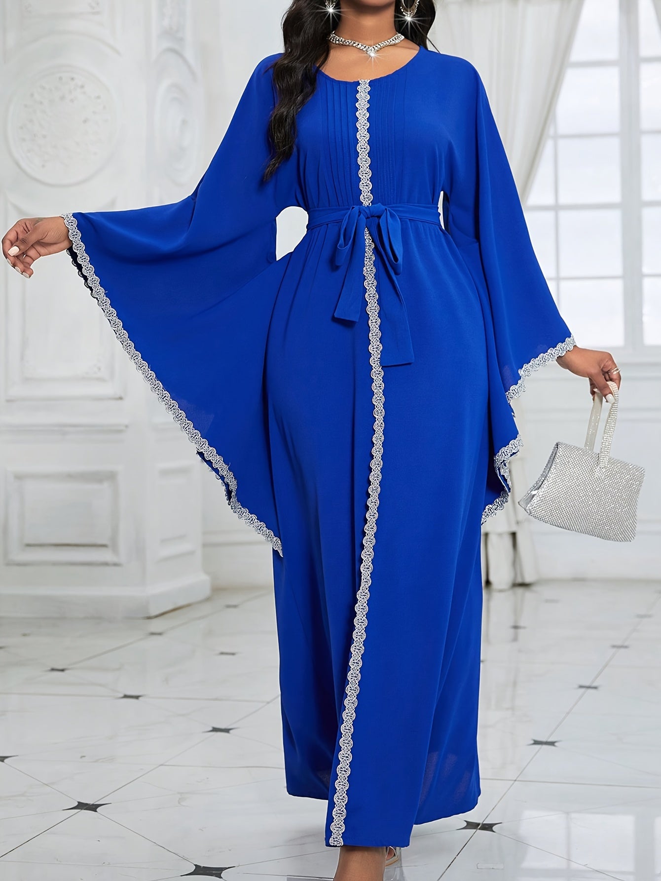 Contrast Lace Flare Sleeve Dress, Elegant Crew Neck Tied Waist Ankle Length Dress For Party & Banquet, Women's Clothing Wedding/Occasion/Engagement/Ceremony/Evening dress