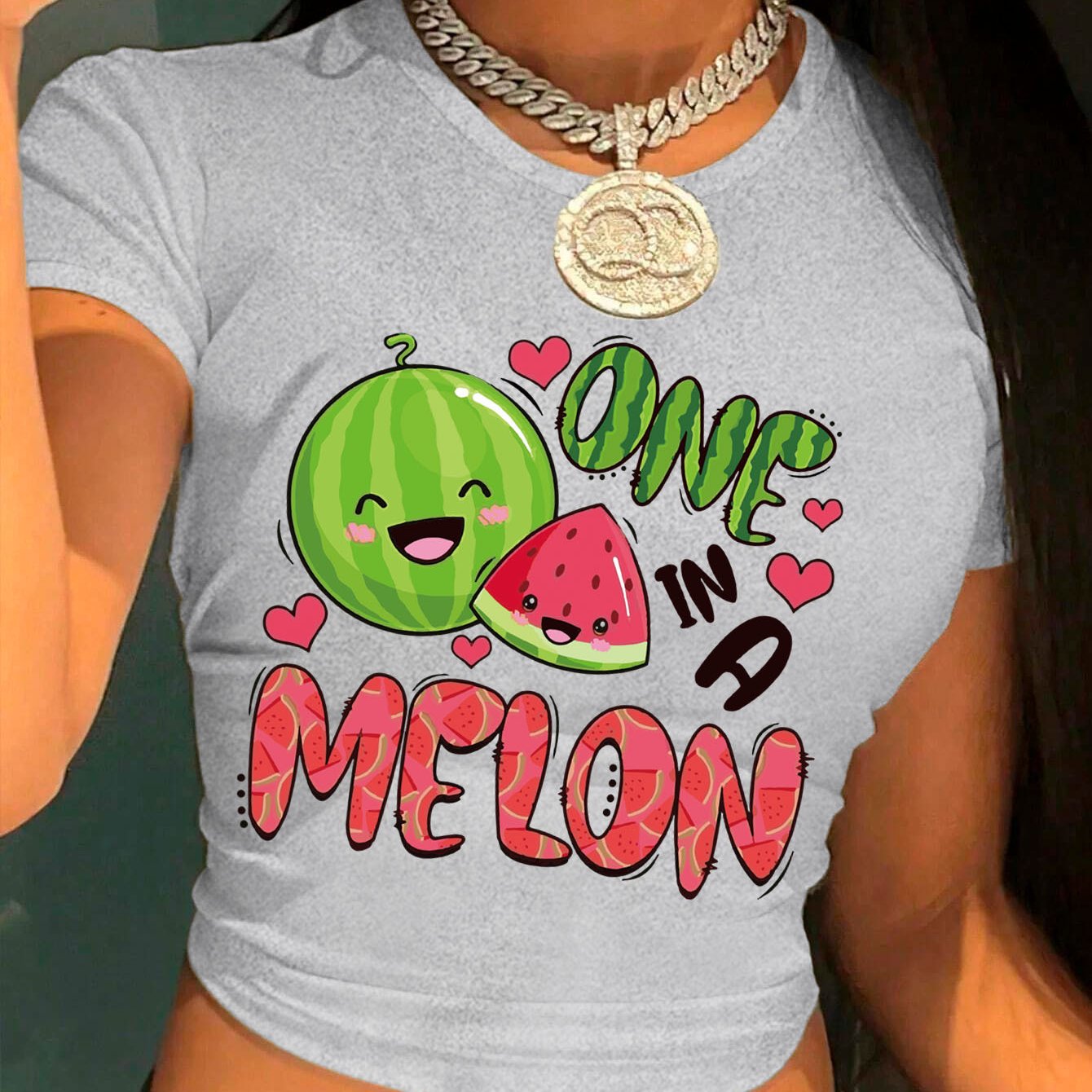 Women's Y2K Graphic Print Cropped T-Shirt - "ONE IN A MELON" Watermelon & Hearts Design, Light Grey Short Sleeve Crop Top, Machine Washable Casual Summer Tee, Tiktok Style Clothing | Crop Top Style | Nontransparent Fabric, Cu