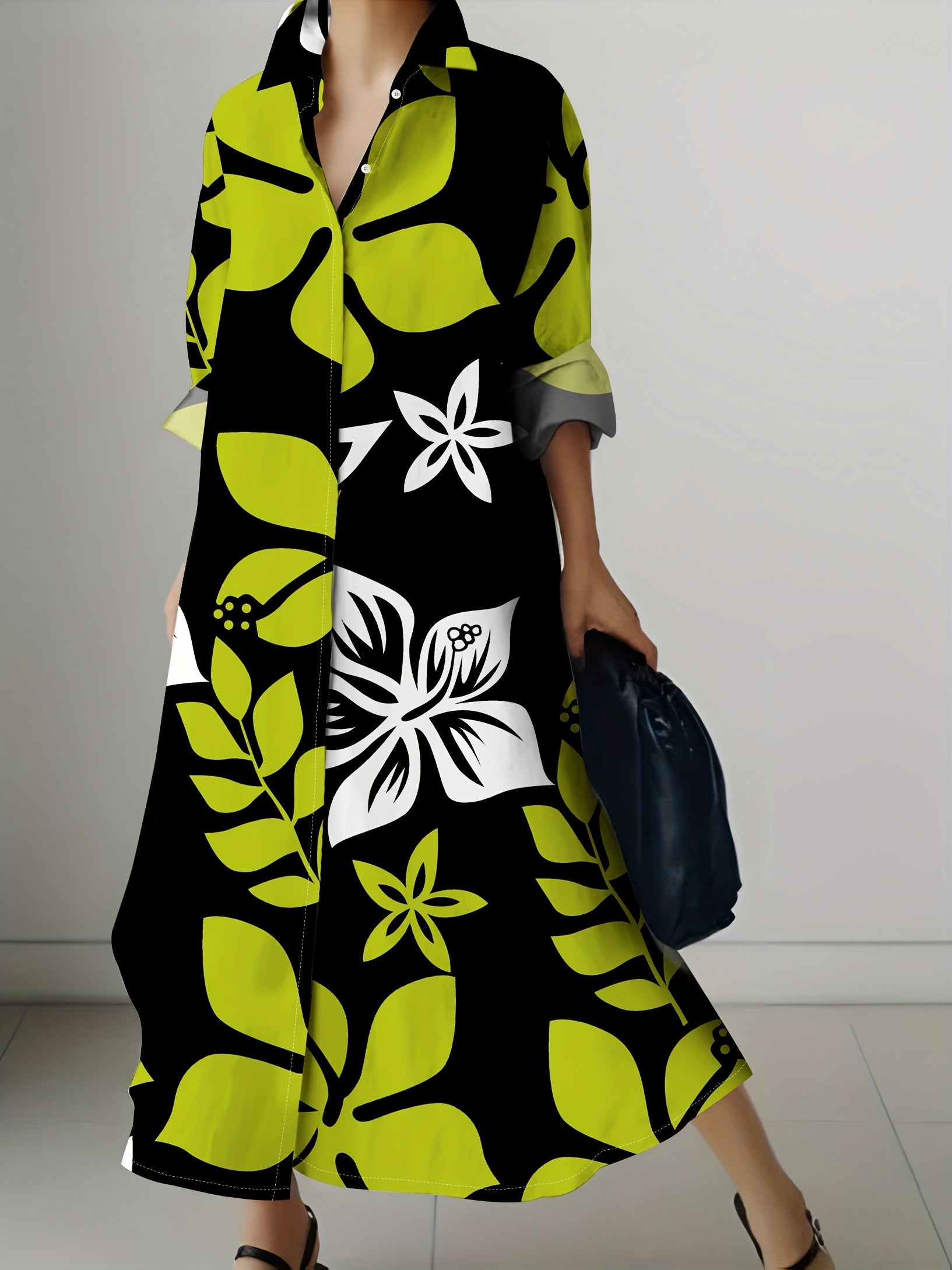 Floral Print Polo Collar Shirt Dress, Vacation Style Button Front Long Sleeve A-line Peplum Ankle Length Dress For Spring & Summer, Women's Clothing