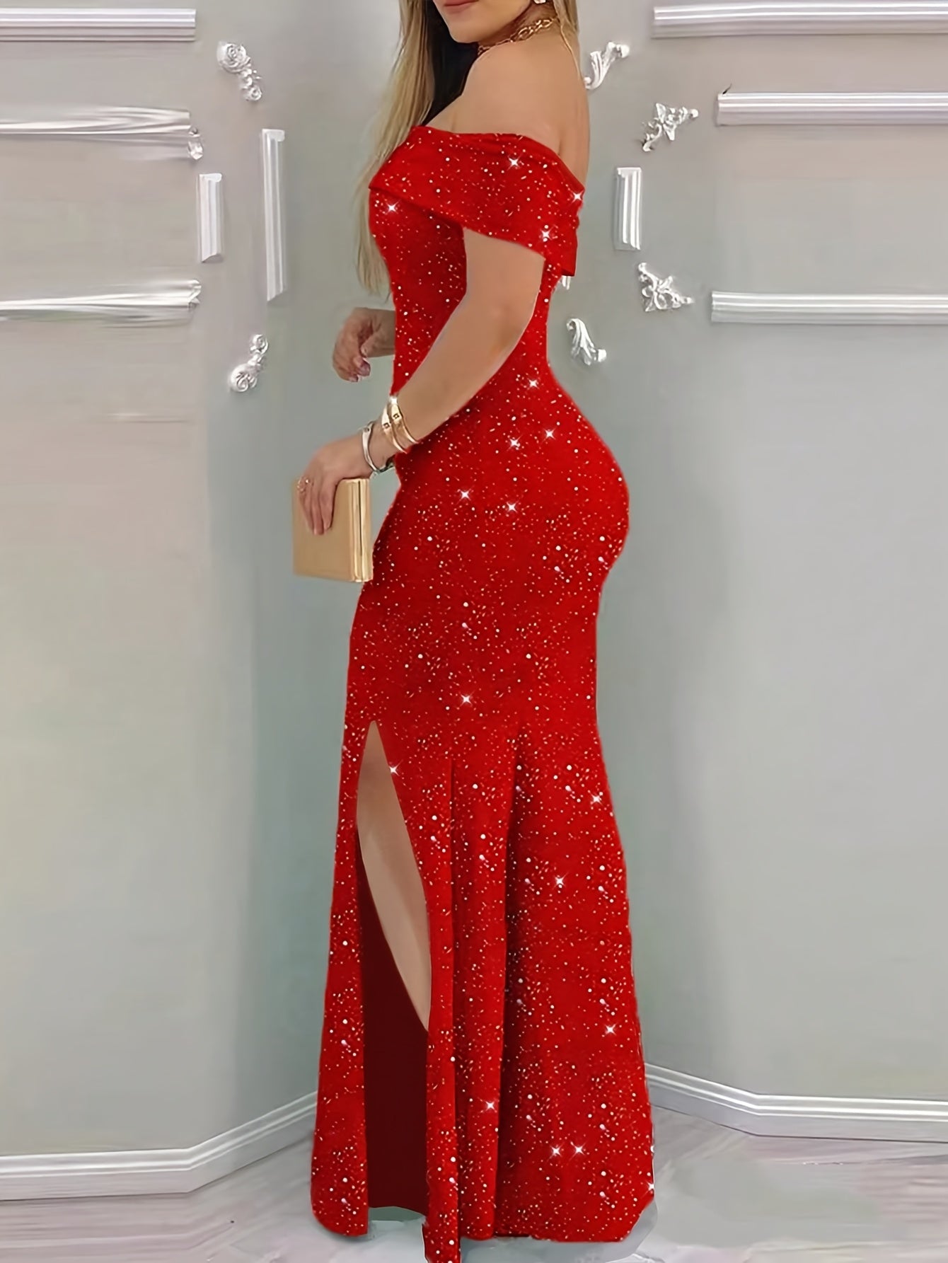 Elegant Off-Shoulder Sparkling Red Party Dress with Split Detail - Perfect for Adult Women, Spring/Summer Event Attire, Bodycon Style, Elegant Attire | Sparkling Fabric | Offshoulder Design, Plus Size Dress