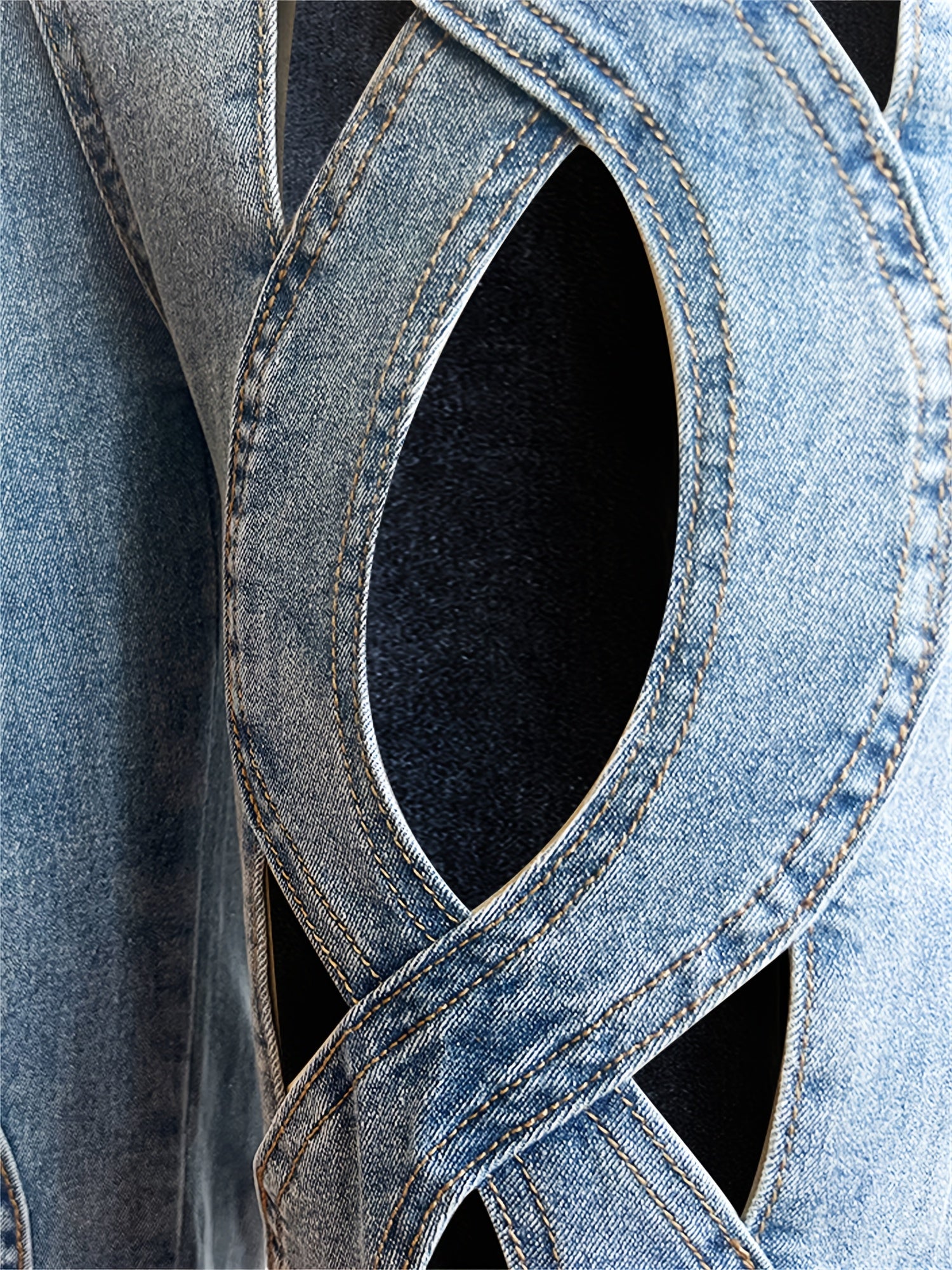 Women's High-Waisted Distressed Denim Jeans with Artistic Cutouts - Sexy Hollow-Out Design, Medium Stretch, Curvy Fit Ripped Pants for Clubwear, Street Style & Night Out