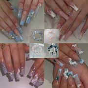 (100pcs) 4pack Glossy Long Ballerina Fake Nails + 4pcs Bracelet Blue Gradient Press On Nails With 3D Flower Butterfly Rhinestone Design Beads Bangle Sparkling Full Cover FalseNails For Women Girls