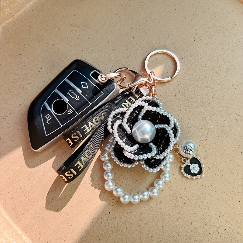 Pearl Element Handmade Fabric Camellia Women's Car Fans Keychain, Bag Charms, Handbag Charms