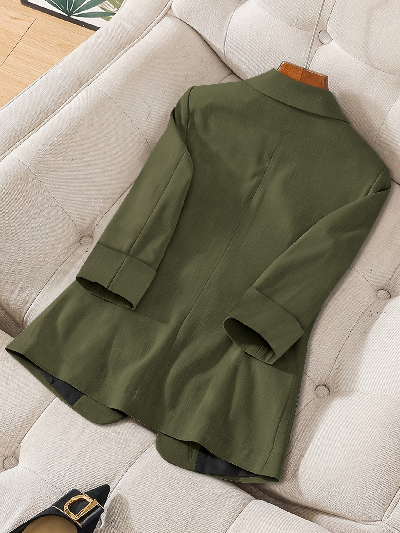Women's Light Beige Casual Blazer Jacket - Solid Color Single-Breasted Button Front, Notch Lapel & Chest Pocket, Machine Washable H-Silhouette for Autumn Office & Casual Attire, Subtle Stripe Texture