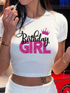 Girl's Birthday Print Crew Neck T-shirt, Casual Short Sleeve Crop Top For Spring & Summer, Women's Clothing