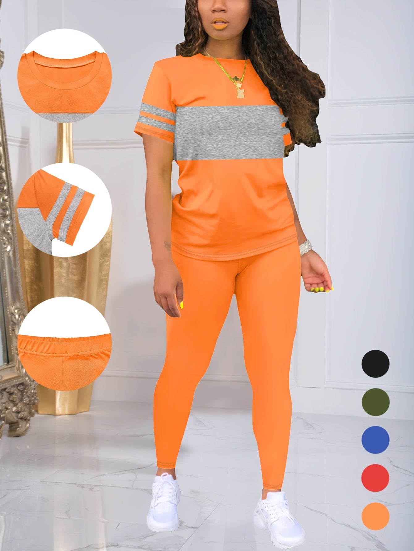 Women's Spring and Summer Round Neck Short Sleeve Top and Pants Set, Solid Color and Colorful Elastic Women's Set