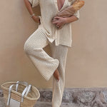 Women's Vacation Style Fashion Hollow Fabric Short Sleeve Shirt and Pants Set