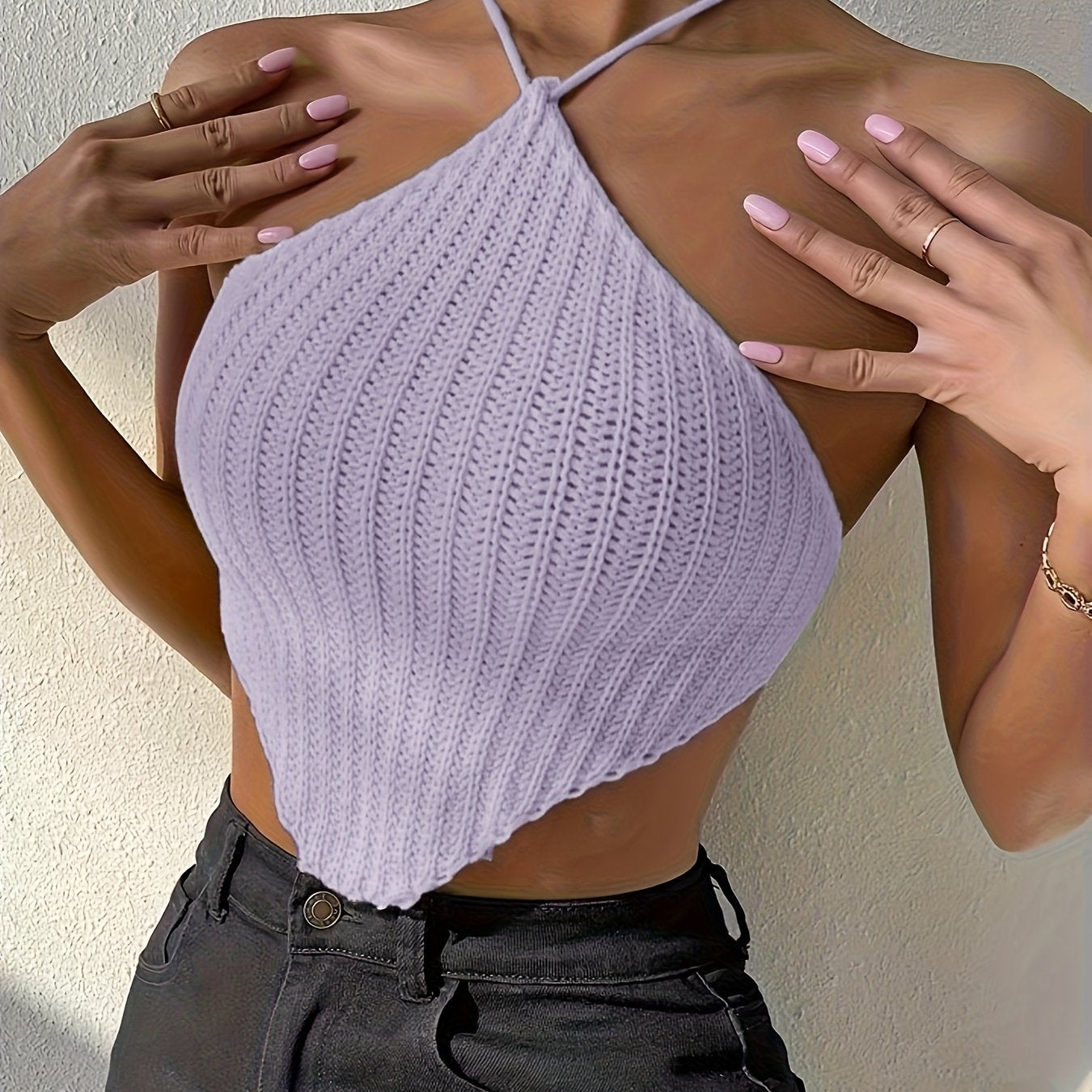 Solid Halter Neck Knit Top, Elegant Backless Hanky Hem Top For Spring & Summer - Women's Clothing - Soft & Breathable Knit Fabric - Perfect for Casual & Party Occasions - Ideal Gift for Women