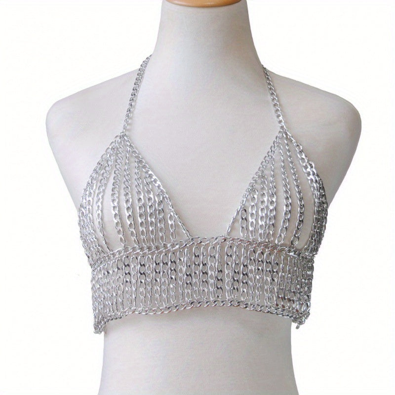 Women'S Stylish Layered Alloy Chain Bikini Top - Glittery Black & White Design, Perfect for Beach, Pool, and Nightlife, Beach Bikini Top | Glittery Chain Top | Detailed Chainwork, Beach Bikini