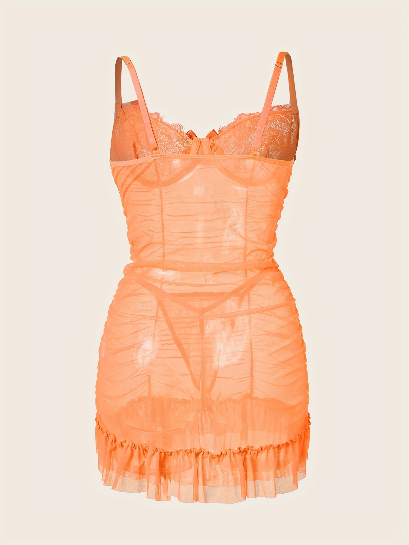 Enticing Lace Mesh Babydoll, See Through Ruffle Trim Ruched Bodycon Mini Dress, Women's Sexy Sleepwear & Loungewear