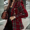 Elegant Red Plaid Women's Blazer - Double-Breasted Office Jacket with Golden-Tone Buttons, Long Sleeves, Polyester & Spandex Blend, Machine Washable, Perfect for Casual or Professional Wear, Casual Office Wear | Doublebreaste