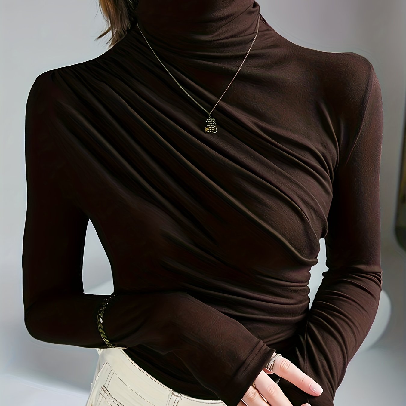 Elegant Ruched Mock Neck Long Sleeve Top for Women - Stylish Autumn/Winter Blouse, Soft Polyester & Elastane Blend, Machine Washable, Dark Brown, Perfect for Casual or Dressy Outfits