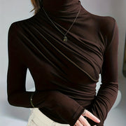 Elegant Ruched Mock Neck Long Sleeve Top for Women - Stylish Autumn/Winter Blouse, Soft Polyester & Elastane Blend, Machine Washable, Dark Brown, Perfect for Casual or Dressy Outfits