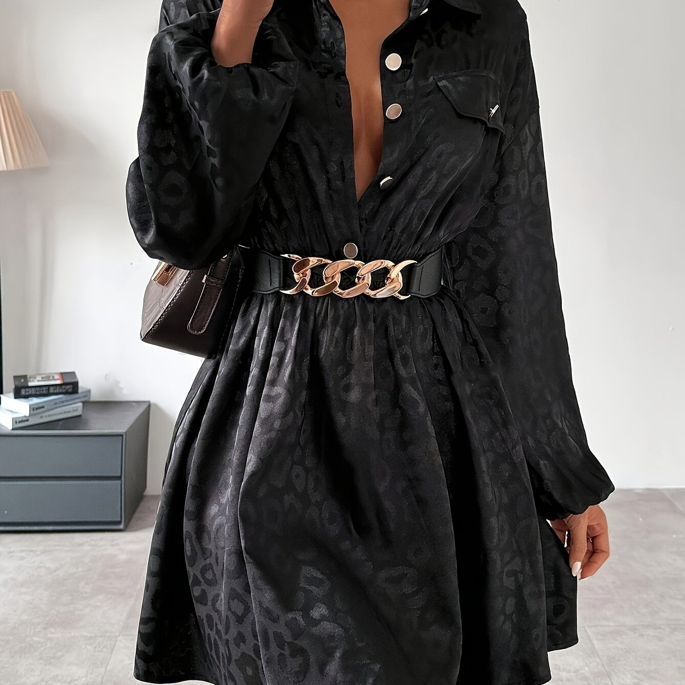Elegant Women's A-Line Dress - Long Sleeve, Button-Up Collar, Non-Sheer Solid Black with Chain Belt Detail (Belt Not Included) - Machine Washable, All-Season Fashion for Adults
