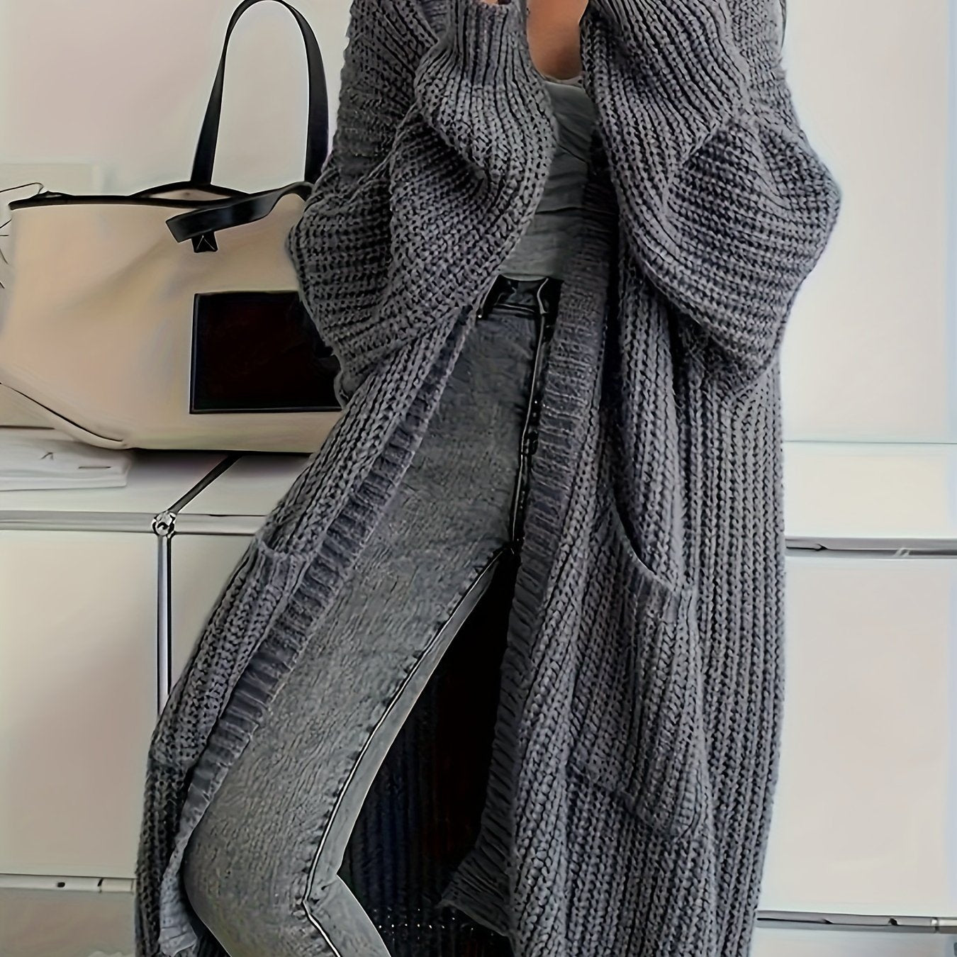 Elegant Open Front Solid Cardigan, Long Sleeve Midi Cardigan For Fall & Winter - Women's Clothing - Soft & Cozy Fabric - Perfect for Casual & Formal Occasions - Ideal Gift for Women