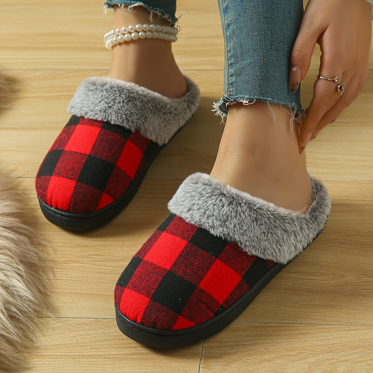 Cozy Plaid Fuzzy Slippers for Women - Thick, Warm & Non-Slip Indoor/Outdoor Shoes with Soft Fabric Lining