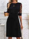 Elegant Women's Midi Dress with Contrast Lace Detail - Black, Crew Neck, Half Sleeve, A-Line Silhouette, Polyester, Spring/Summer/Fall Wear