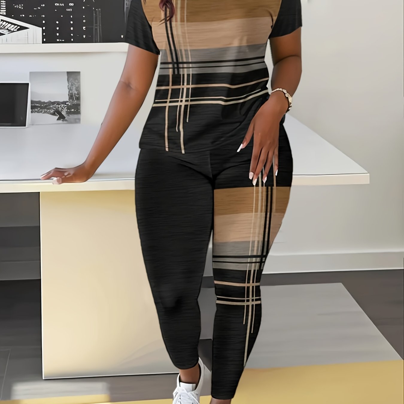 Yumi Duo Direction, Women's Printed Short Sleeve T-shirt + Long Pants Two-piece Set