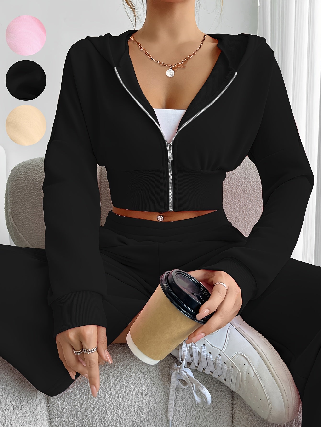 10.23 Fashionable Women's Autumn/Winter Zipper Hooded Long Sleeve Jacket + Wide Leg Trousers